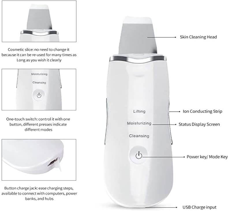 Rechargeable Ultrasonic Facial Skin Scrubber White 20cm