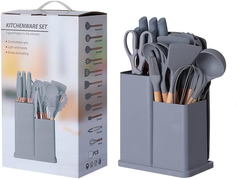 Kitchen Utensils Set of 19 Silicone Cooking Utensils with Holder Non stick Cookware Friendly And Heat Resistant Grey UAE SHIP HUB