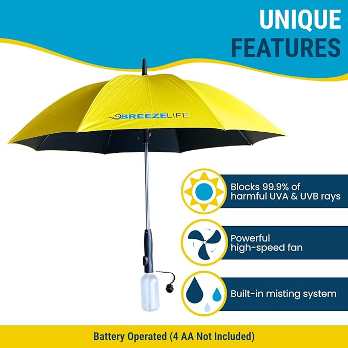 Sun Umbrella with Fan and Mister, Fan that blocks 99.9% of all UVA and UVB rays