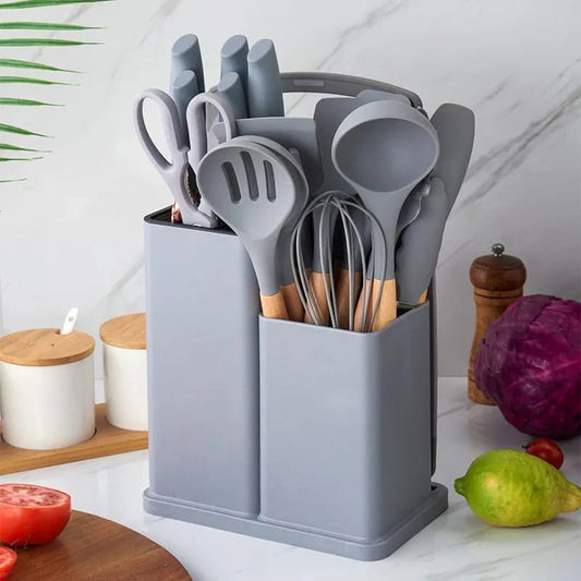 Kitchen Utensils Set of 19 Silicone Cooking Utensils with Holder Non stick Cookware Friendly And Heat Resistant Grey UAE SHIP HUB